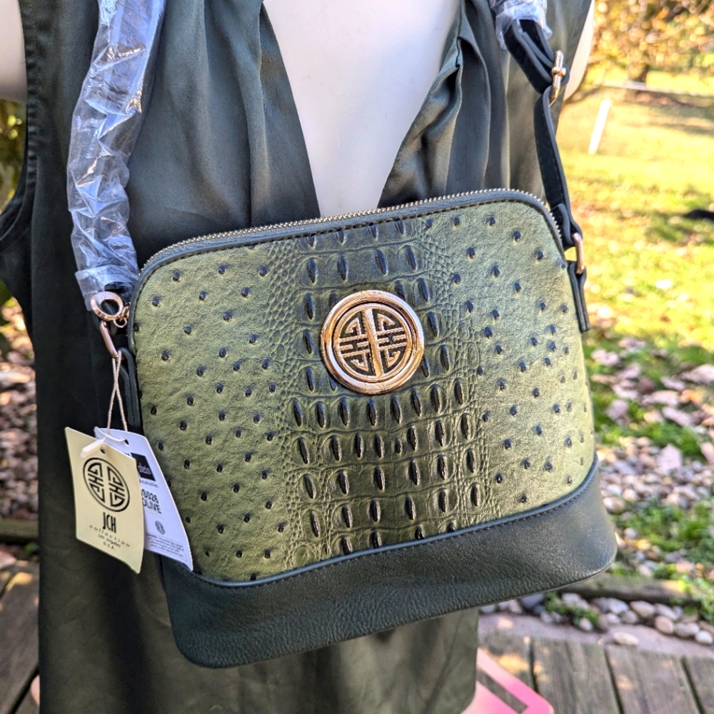 NWT JCH Collection Olive Green Faux animal print zip top shoulder bag